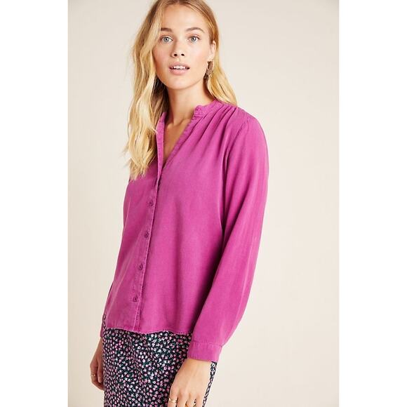 Anthropologie Cloth & Stone smocked Magenta Pink Long Sleeve Button Tencel Top - Picture 3 of 13